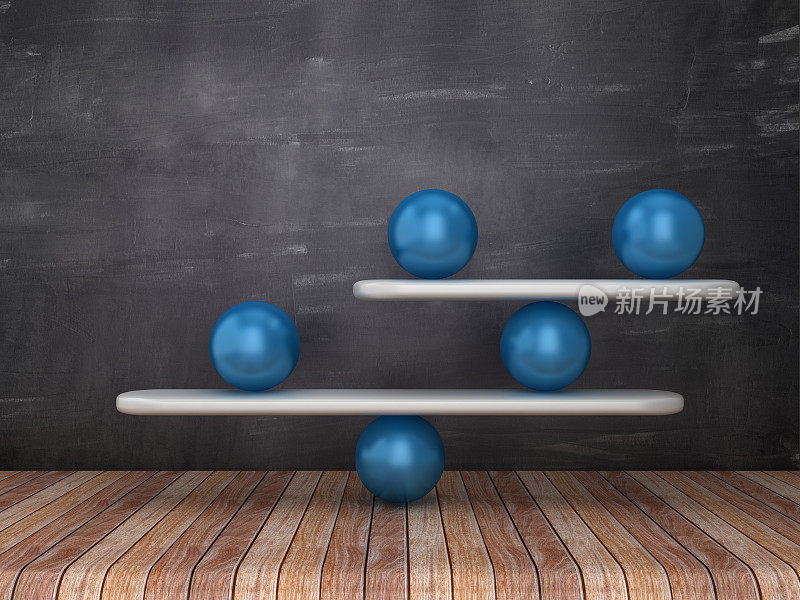 跷跷板缩放与球体在黑板背景- 3D渲染